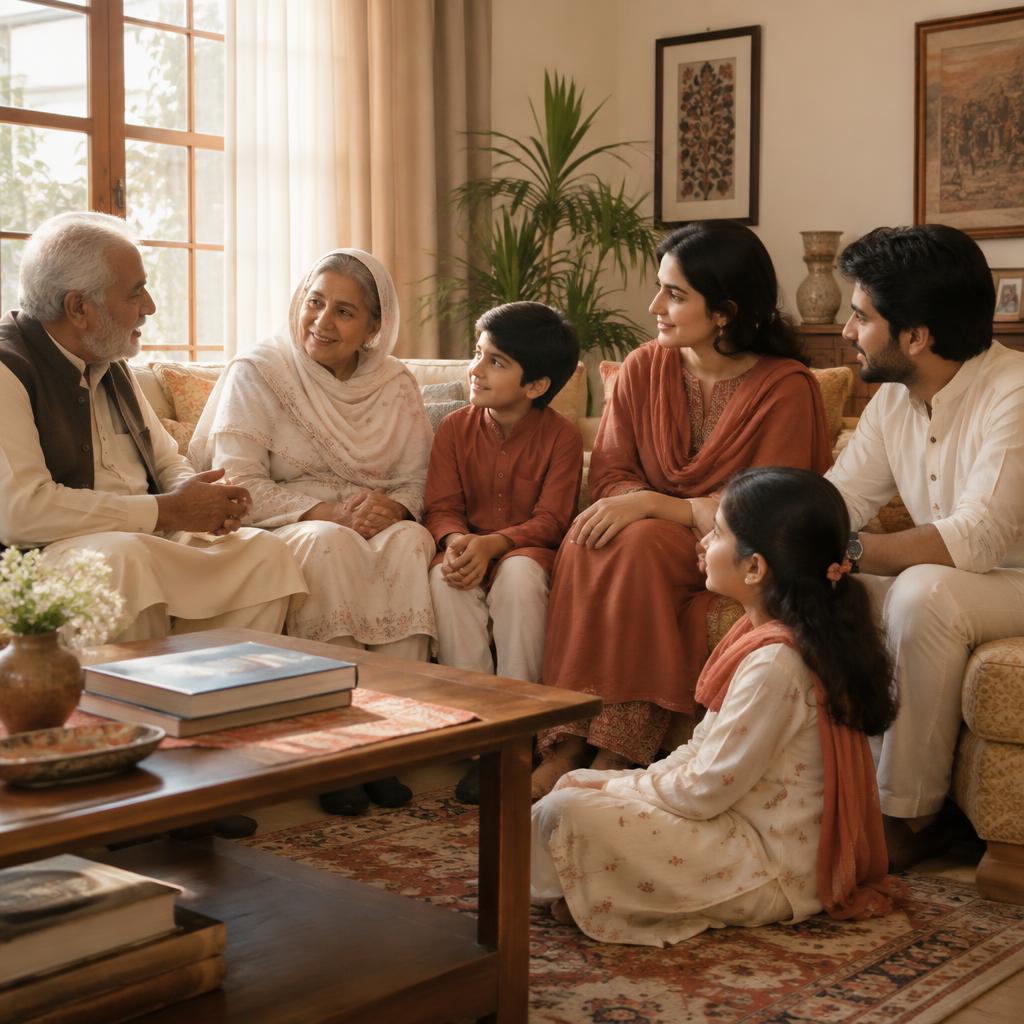 A Pakistani family talking together in a sunlit living room