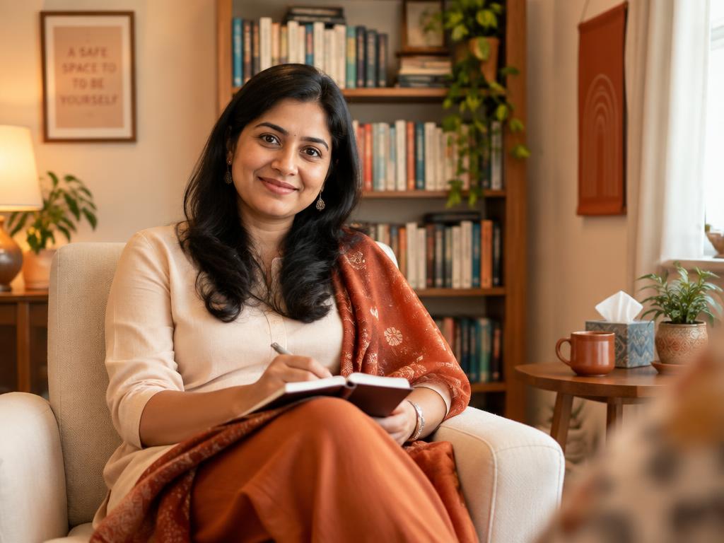 A psychologist sitting in a warm consultation room