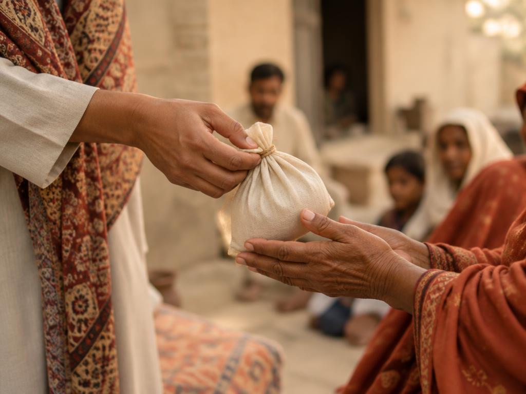 Hands passing a small cloth pouch, a gesture of giving