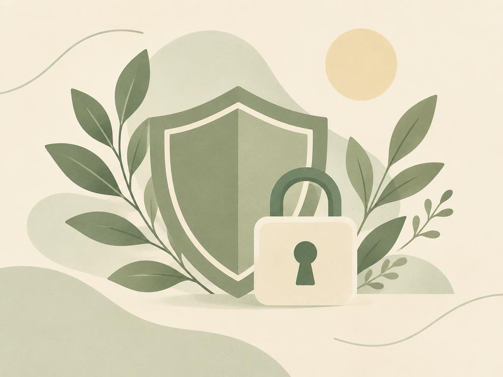 Illustration of a shield and padlock among soft leaves