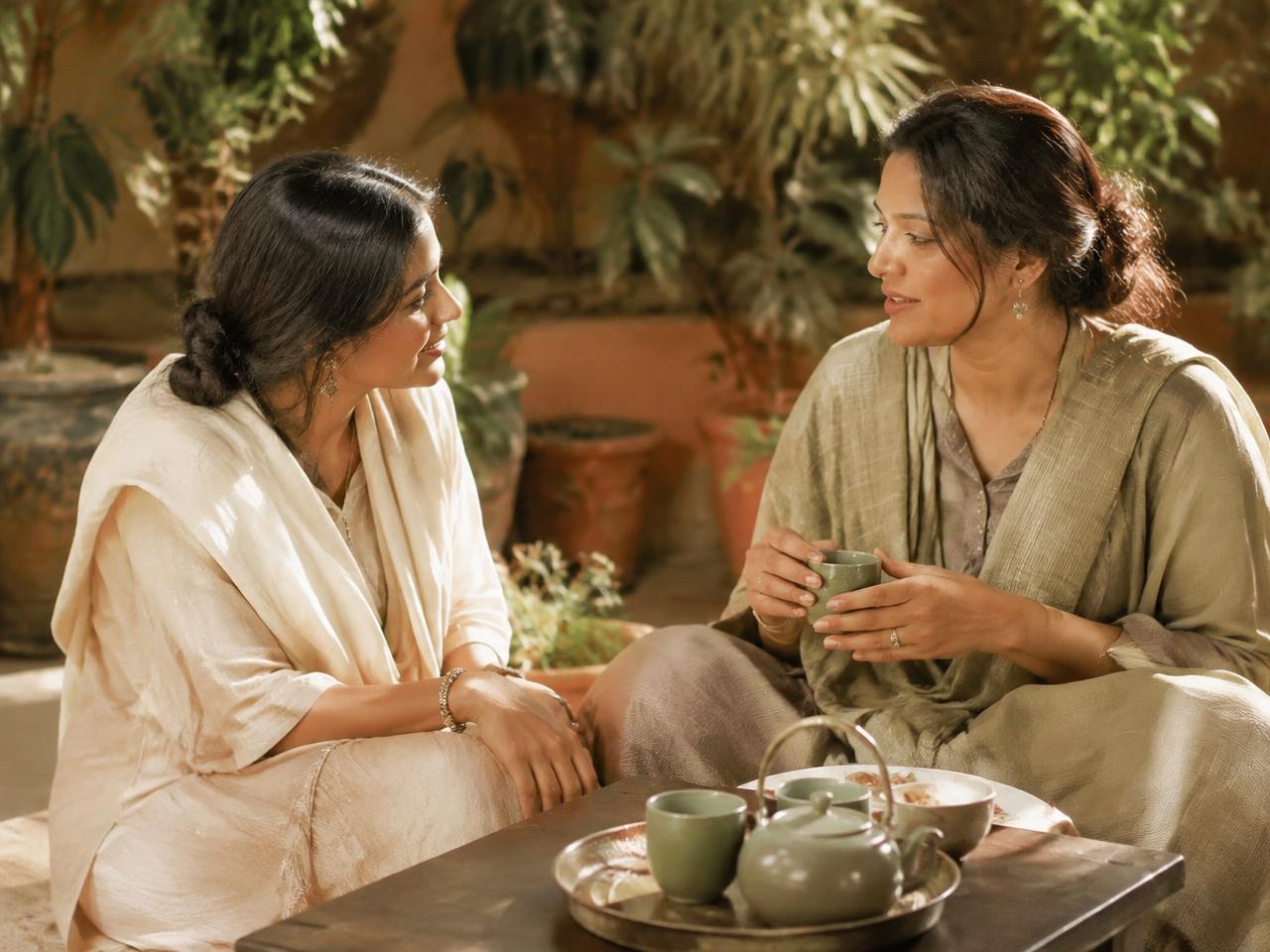 Two women talking warmly over tea in a sunlit courtyard